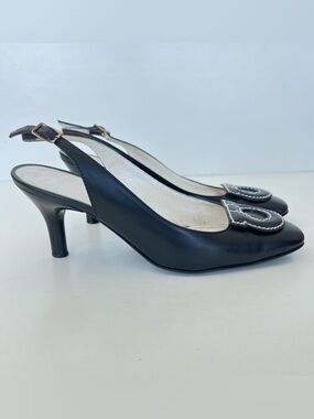SALVATORE FERRAGAMO Black Leather Gancini Slip-on Kitten Heels Sandals Sz 8.5 C
